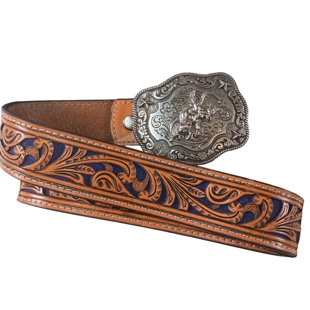 Nocona Western Leather Belt Tooled Blue Bucking Bronco Cowboy Size 28